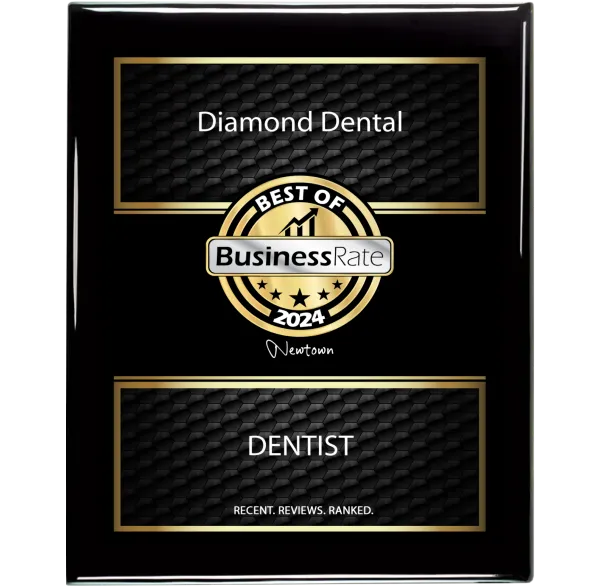 Plaque awarded to Diamond Dental named Best Dentist by Business Rate for 2024 in Newtown.