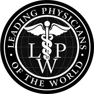Emblem shows "Leading Physicians of the World" with a medical caduceus and globe design.